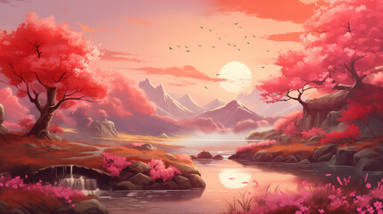 spring landscape with sakura tree blossoms