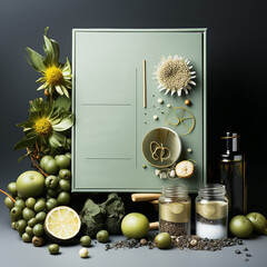 Modern abstract mockup frame with green citrus, jars, herbs and flowers. Naturopathy and homeopathy concept