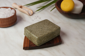 Solid shampoo for hair. Natural eco-friendly organic cosmetics. Hair care and treatment concept. Side view.
