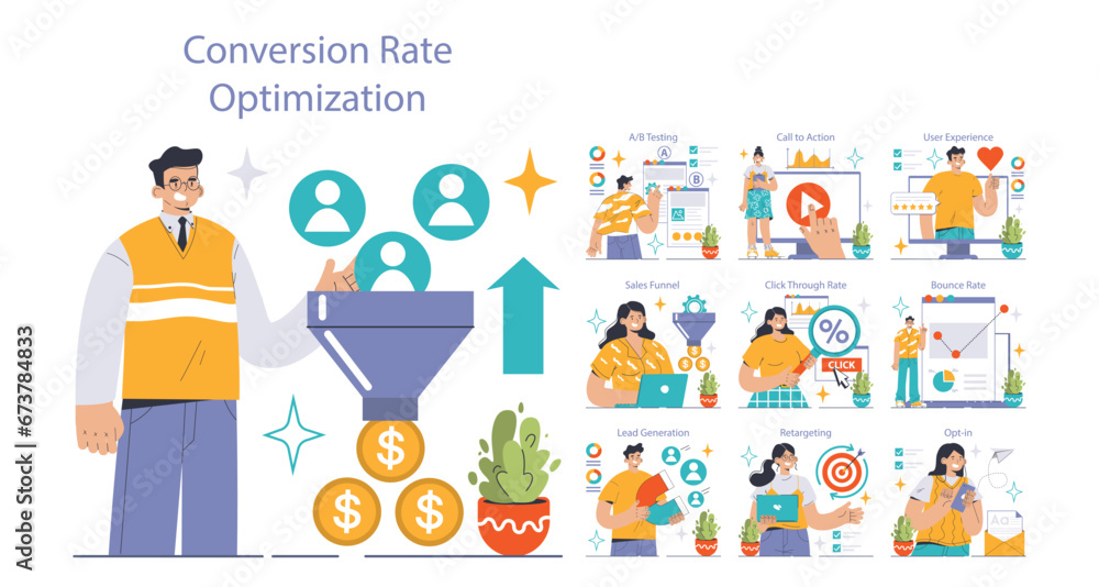 Poster conversion rate optimization set. experts analyzing website performance. a b testing, sales funnel, 