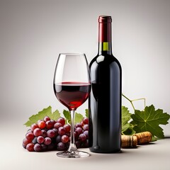 Red Wine bottle and glass on white background.