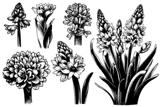 set Hyacinth flowers hand drawn sketch