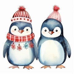 Fototapeta premium Christams Set of Penguins Watercolor Animal Characters Isolated on White Background. - SCANDI - Watercolour Collection { No4 } - cute penguin folk art illustration. Generative AI.