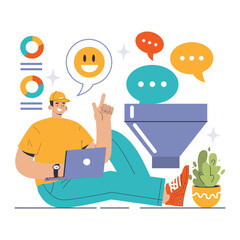 Customer feedback. Consumer reviews public exchange. Sharing assessment of a purchased goods and services in mobile app or social media blog, leaving a comment. Flat vector illustration
