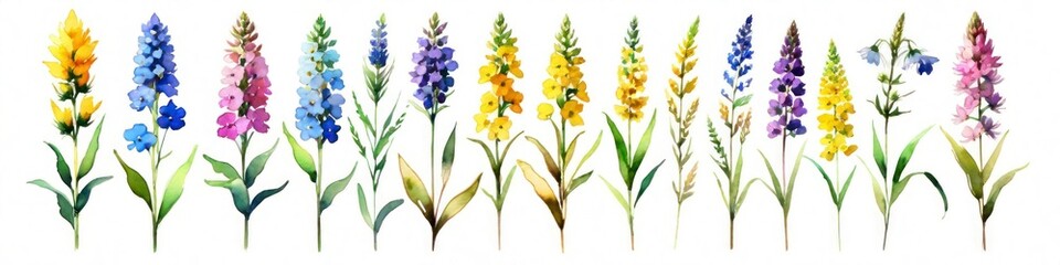 Fototapeta premium Watercolor banner wildflowers on simple white background