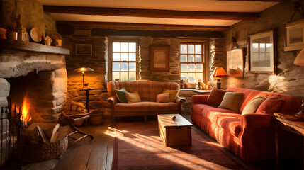 Rural Serenity: Sunset Haven in the Cozy Living Room with Wooden Beams - Created using Generative AI
