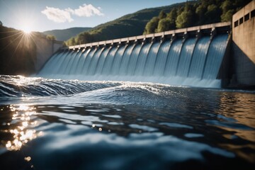 Faszinierende Nahaufnahme von Wasser, das auf der Oberfläche eines Wasserkraftwerksdammes glänzt.