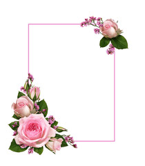 Pink rose flowers and limonium in a corner floral arrangements with frame isolated on white or transparent background