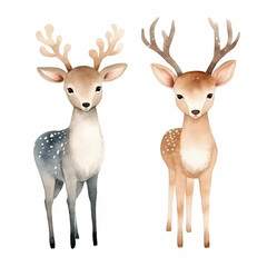Christams Set of Deer Watercolor Animal Characters Isolated on White Background.  - SCANDI - Watercolour Collection { No4 } - cute folk art illustration. Generative AI.