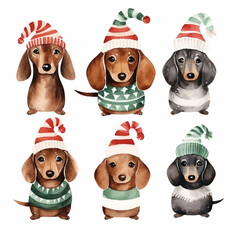 Christams Set of Sausage Dogs Watercolor Animal Characters Isolated on White Background.  - SCANDI - Watercolour Collection { No4 } - cute sausage dog folk art  illustration. Generative AI.