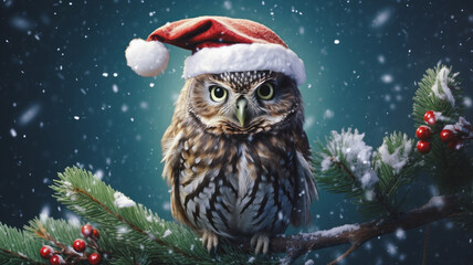 Customizable Christmas banner for creative content, featuring a Christmas owl with a snowy background and plenty of room for personalization. Photorealistic illustration