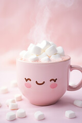 Obraz na płótnie Canvas Hot Chocolate or Hot Cocoa with Melted Marshmallow Smily Face. Funny Cute Kawaii Party Seasonal Pink Drink in Pink Cup of Sweet Coffee Late.