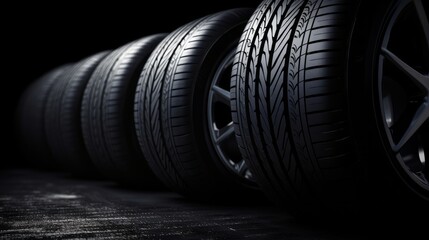 Banner design featuring new car tires placed on a dark background, showing auto parts with usable space for text. - obrazy, fototapety, plakaty