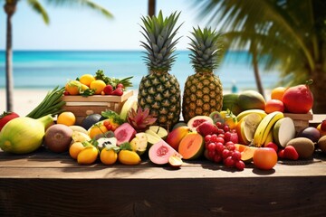 A collection of typical tropical fruit on wood table with a beautiful view of beach sea. Summer tropical vacation concept.