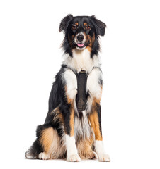 Australian shepherd sitting, panting, looking at camera and  wearing an harness, isolated on white