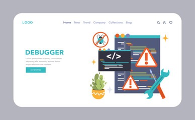 Software testing web banner or landing page. Code testing and debugging. IT specialist searching for bugs using functional methods. Website and application development. Flat vector illustration