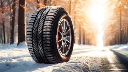 Tires designed for winter conditions on a sunlit asphalt road within a forest.