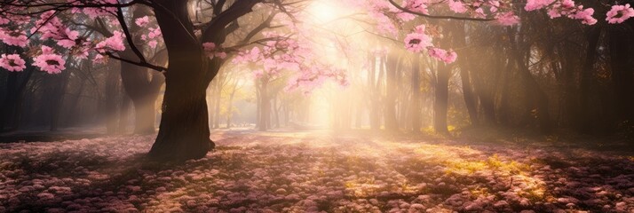 Foggy beautiful blooming cherry blossom woods panorama with sun light ray and with pink petals in air and on ground in Spring. Spring seasonal concept.