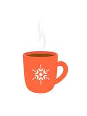Cup of cocoa with steam and with snowflake, on white background