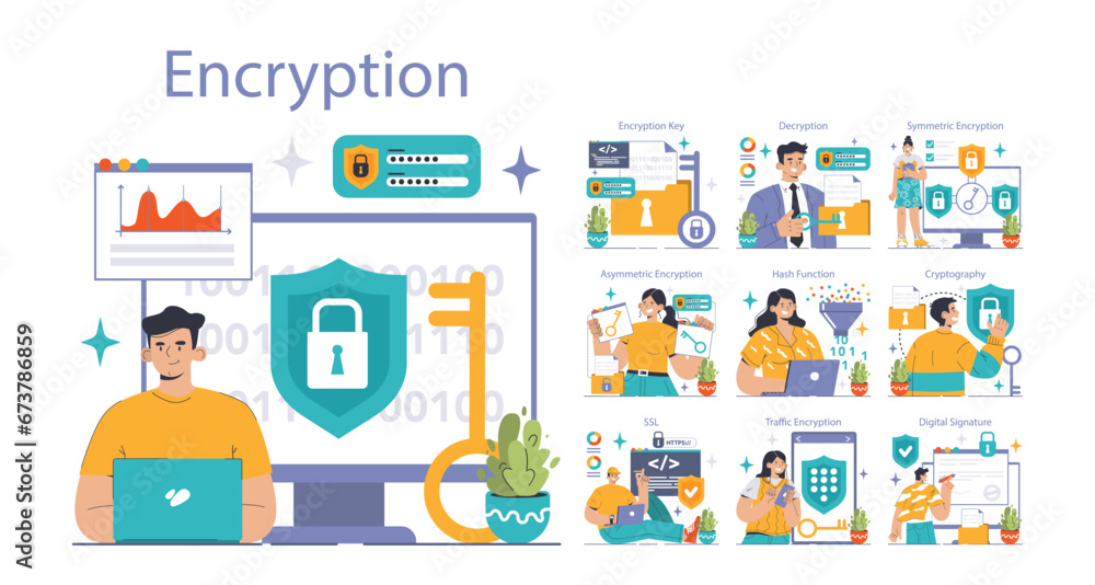 Poster data encryption set. personal information, internet access or database protection. cyber security an