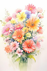 mix bouquet of carnation and daisy, watercolor