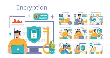 Data encryption set. Personal information, internet access or database protection. Cyber security and privacy. Flat vector illustration