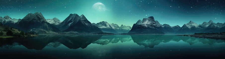 Fototapeta na wymiar Nightfall Over Majestic Mountains, Reflecting Lake