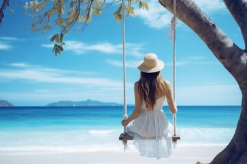 A graceful lady in long skirt on a swing by a beautiful sandy beach. Summer tropical vacation concept.