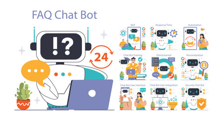 Chat Bot Universe set. Dive into AI-driven support: NLP engines, and personalization. Engage with omni-channel integration and secure chats. Flat vector illustration