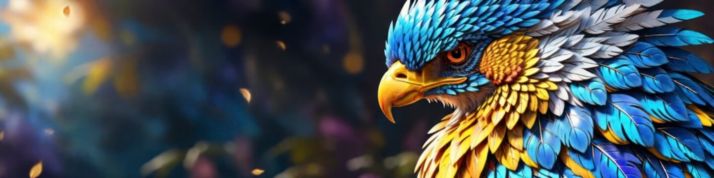 Banner stark mystical phoenix bird on blurred background, place to insert text, background for your design