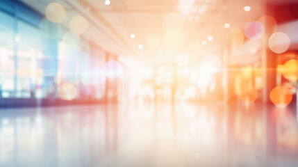 Obraz premium Abstract blur defocused background with bokeh lights. Blurred image of modern empty shopping mall with shops, stores showcases, cafes
