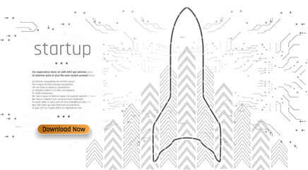 Innovative Startup Concept with Rocket Launch, Vector Illustration for Business and Technology This vector illustration features a rocket launching with a startup theme. The rocket is black and white