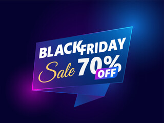 Black Friday sale banner. up to 70% off. Vector banner template glowing neon lamp for night and trendy design.