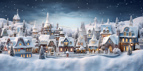 A snowy scene with a town in the background Christmas holiday landscape. Cute houses beautifully decorated with Christmas garlands in a snow - covered AI Generative  