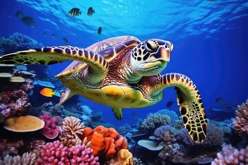 Obraz na płótnie Canvas A sea turtle swimming underwater in tropical ocean