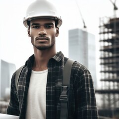a man in a builder's uniform is under construction in the background