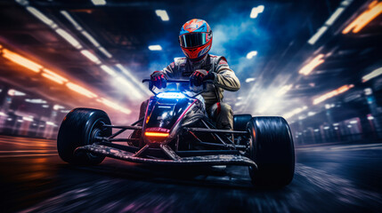 Go kart racing field, racer wearing safety uniform on competition tournament. Carting competitions. - obrazy, fototapety, plakaty