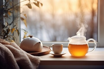 Window with tea pot cup and beautiful winter scene. Winter seasonal concept. - obrazy, fototapety, plakaty
