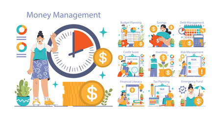 Money Management Essentials set. Budgeting, saving and planning. Financial literacy, investing and risk assessment. Tax strategies and emergency funds. Flat vector illustration