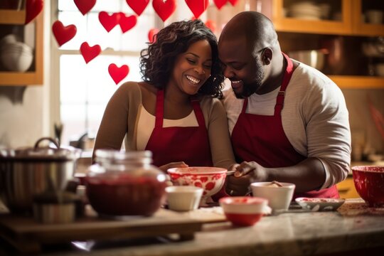 Baking Heart-shaped Treats on Valentine's Day: A kitchen setting featuring a black couple engaged in baking together