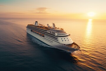 Aerial view of a cruise ship at sunset in sea. Summer tropical vacation concept.