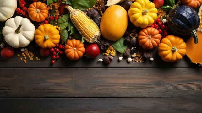 Autumn background from fallen leaves and fruits with vintage place setting on old wooden table. Thanksgiving day concept.