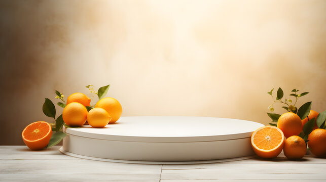 Summer mockup concept for product presentation. Empty podium and orange fruits on beige background. 3d rendering illustration.