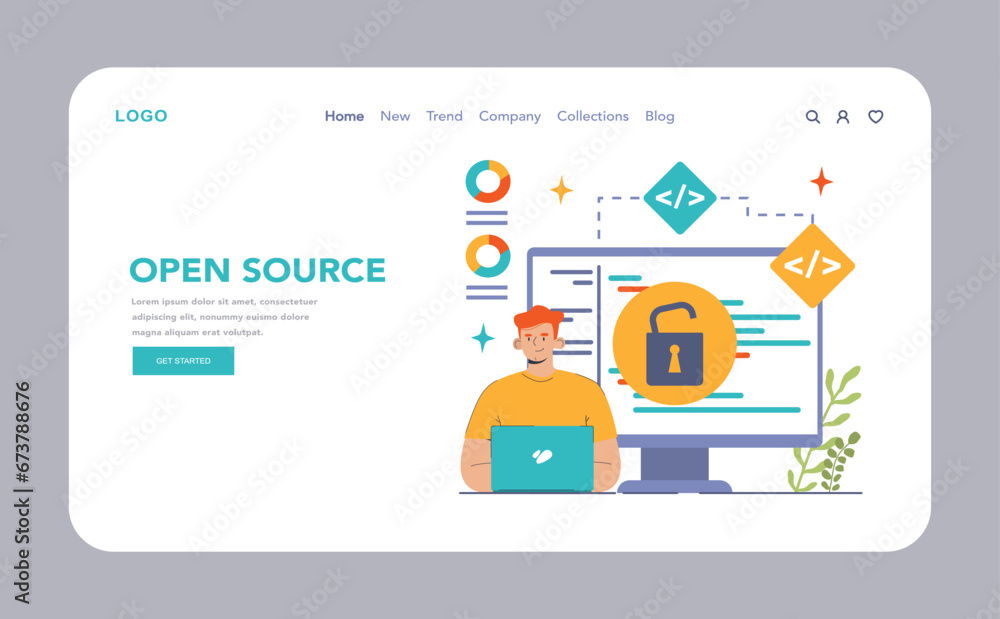 Poster open source web banner or landing page. software with code available for use, modification, and dist