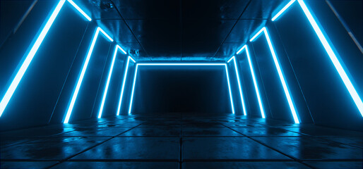 Futuristic concrete tunnel, hallway with neon cyber glowing blue lines