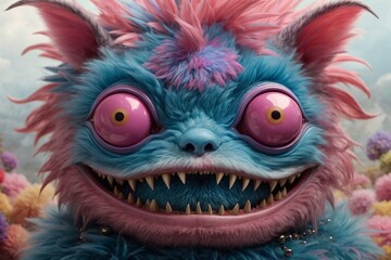 Naklejka premium A little blue and pink furry monster with teeth lurks in the colorful background. The image showcases a furry art with cute and colorful elements. Generative Ai.