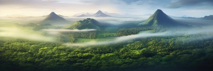 An aerial view of rainforest and volcano mountains. Outdoor travel concept.