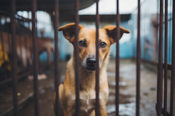 Stray homeless dog in animal shelter cage. Sad abandoned hungry dog behind old rusty grid of the cage in shelter for homeless animals. Dog adoption, rescue, help for pets - obrazy, fototapety, plakaty