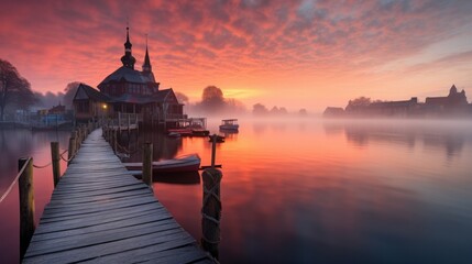 Sunrise at the Molo in Plock, Poland. Bridge - obrazy, fototapety, plakaty