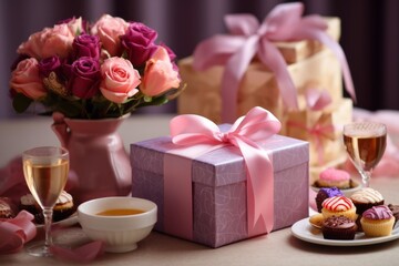 Boxes containing thoughtful presents, accompanied by the beauty of flowers and the warm glow of candles